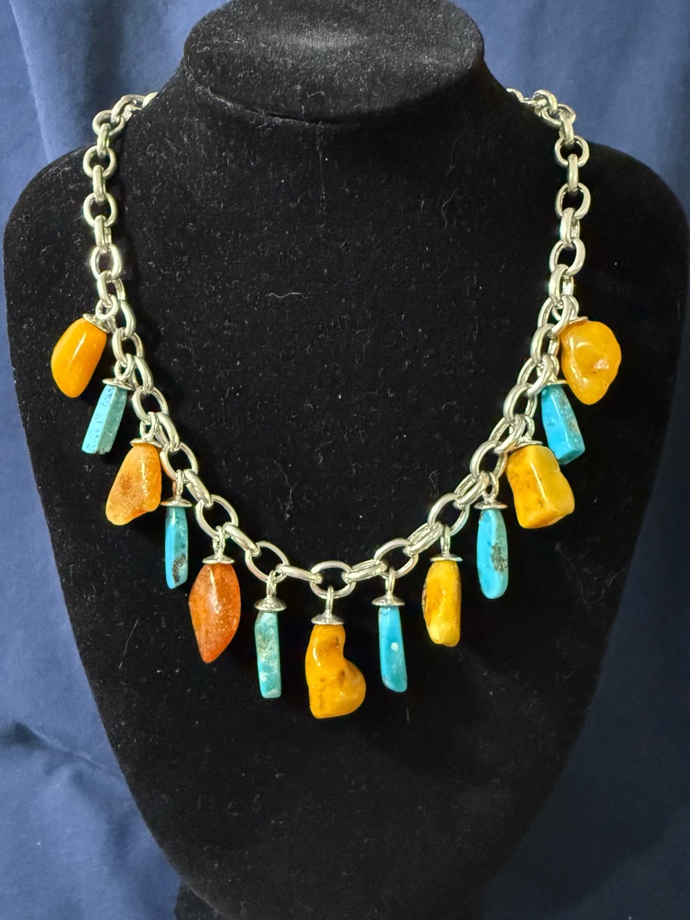 Sterling Silver Amber & Turquoise 17" Choker/Necklace- Women's Jewelry
